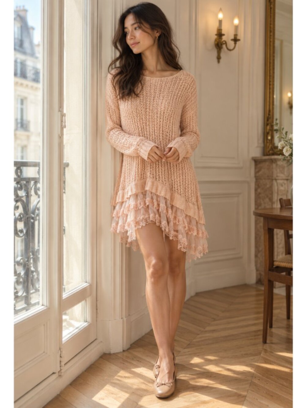 ☀️ ENTRO Waffle Knit Lace & Ruffle Sweater Tunic Small Peach Coral Boho
